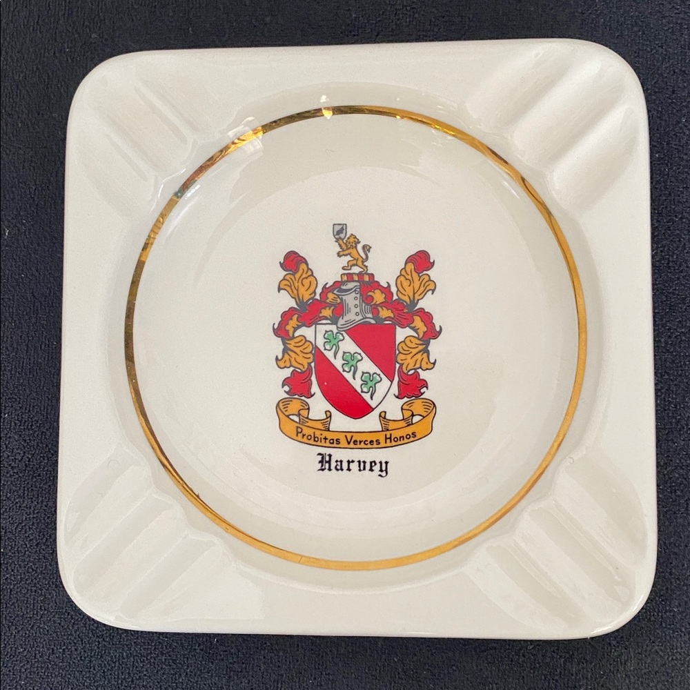 Harvey Family Sir Name Crest Ashtray Plate Cream and Gold